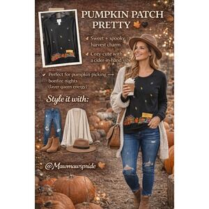 PUMPKIN PATCH‎ FALL HARVEST VINTAGE CHARM Quacker Factory Embroidered SWEATER L